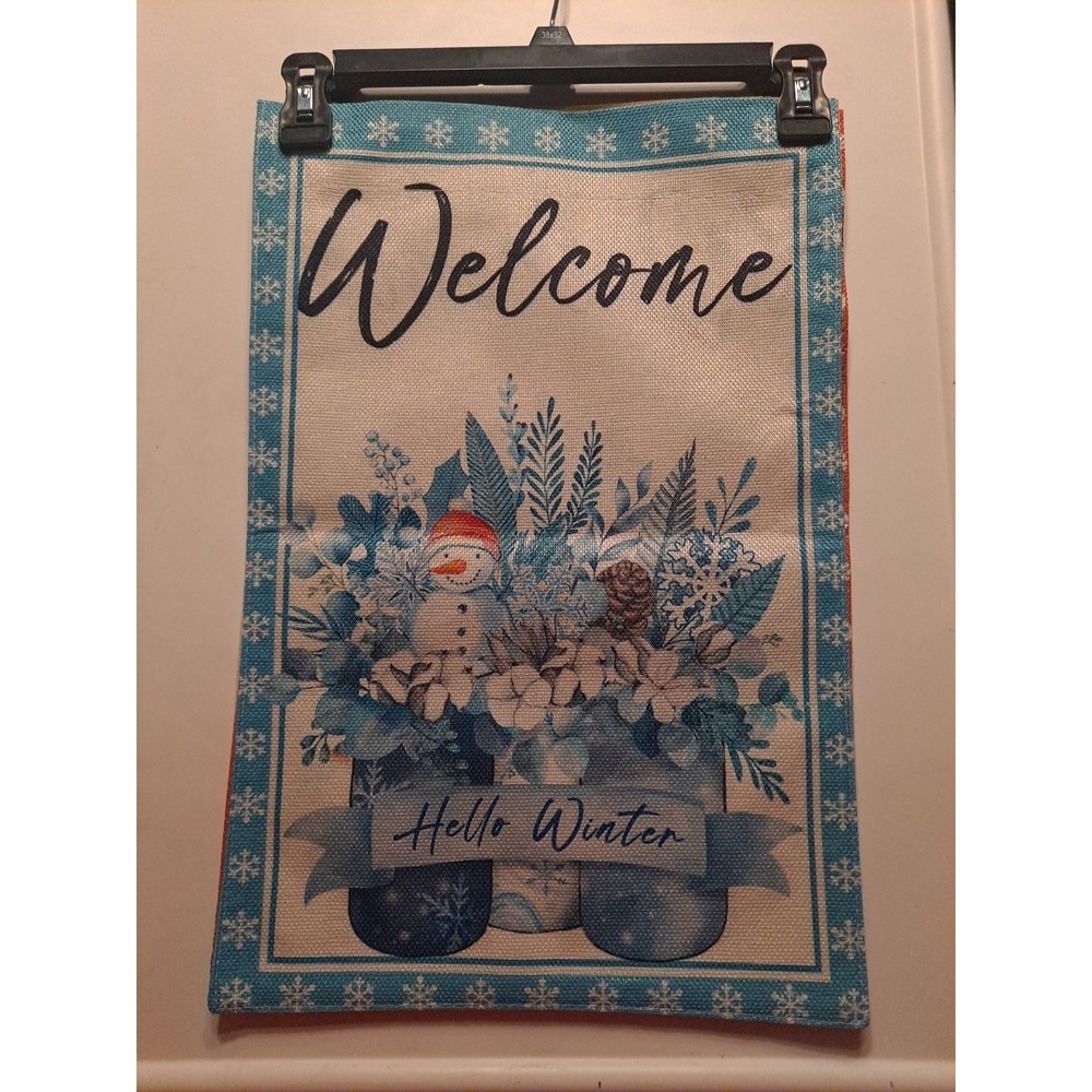 NEW 1pc Double Sided Welcome Hello Winter Garden Flag‎ 12x18 Blue Jars Snowman